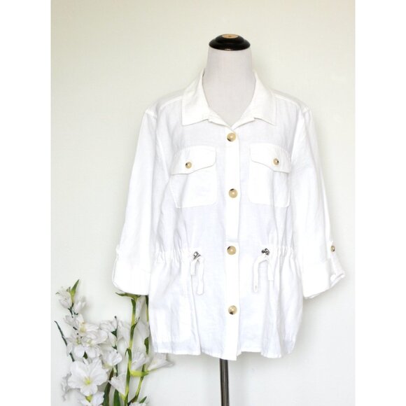 NEW! Liz Claiborne Linen Blend Safari Shirt Jacket Cinch Waist White SZ M - Picture 2 of 6